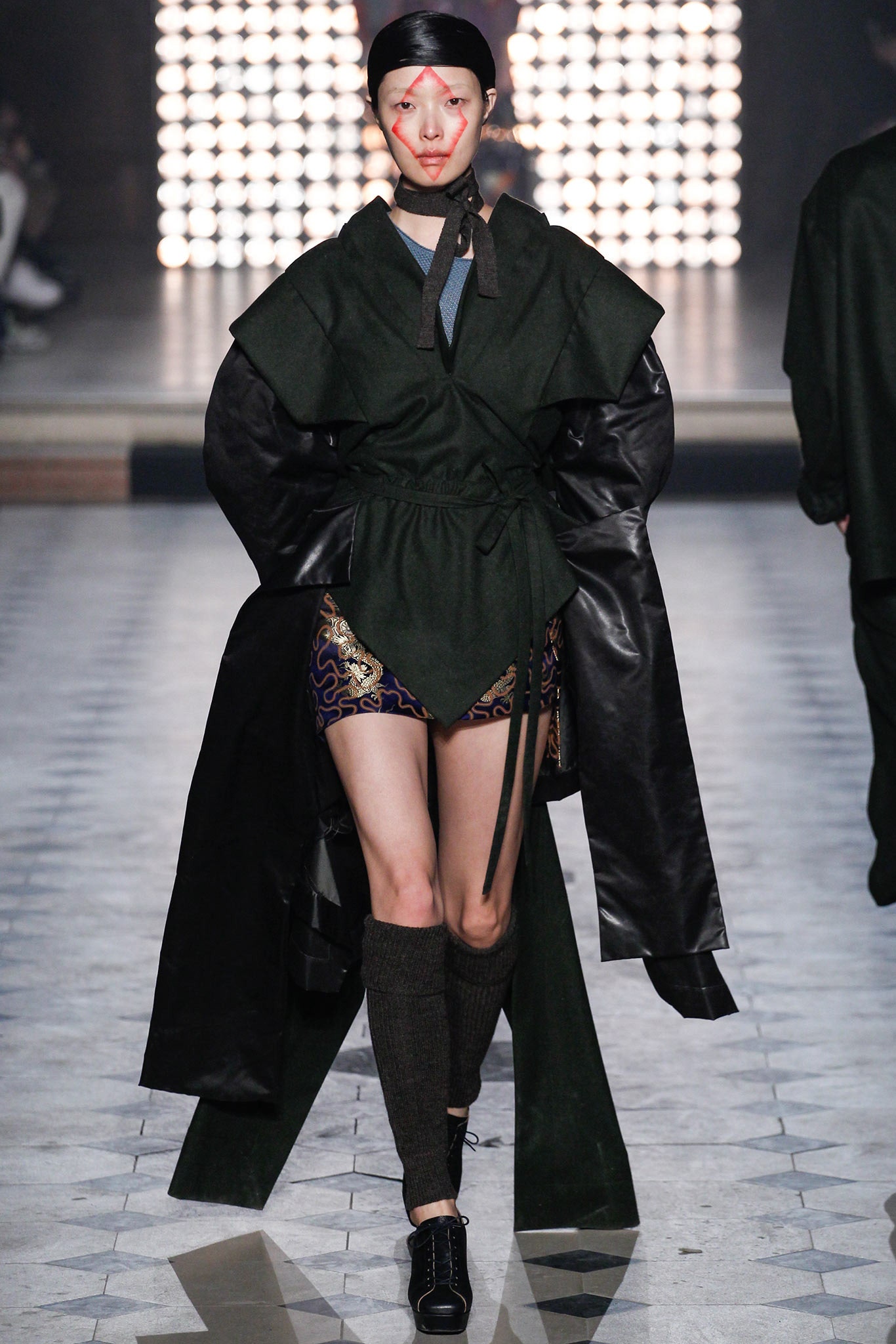 green black belted coat with multi shorts