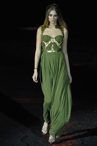 green silk sleeveless gown