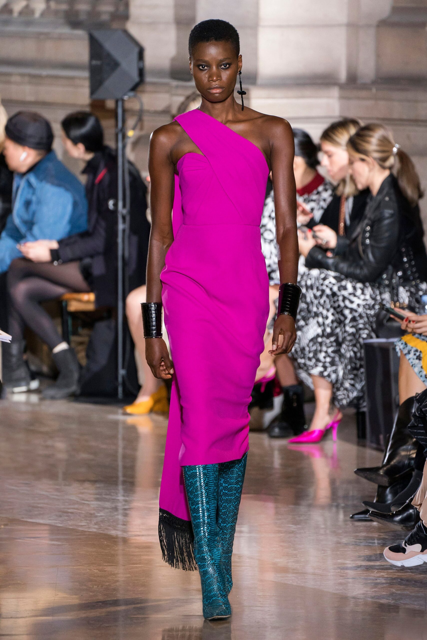 fitted pink asymmetric dress with blue boots