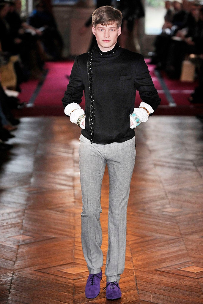 black silk fitted shirt with gray tailored pants