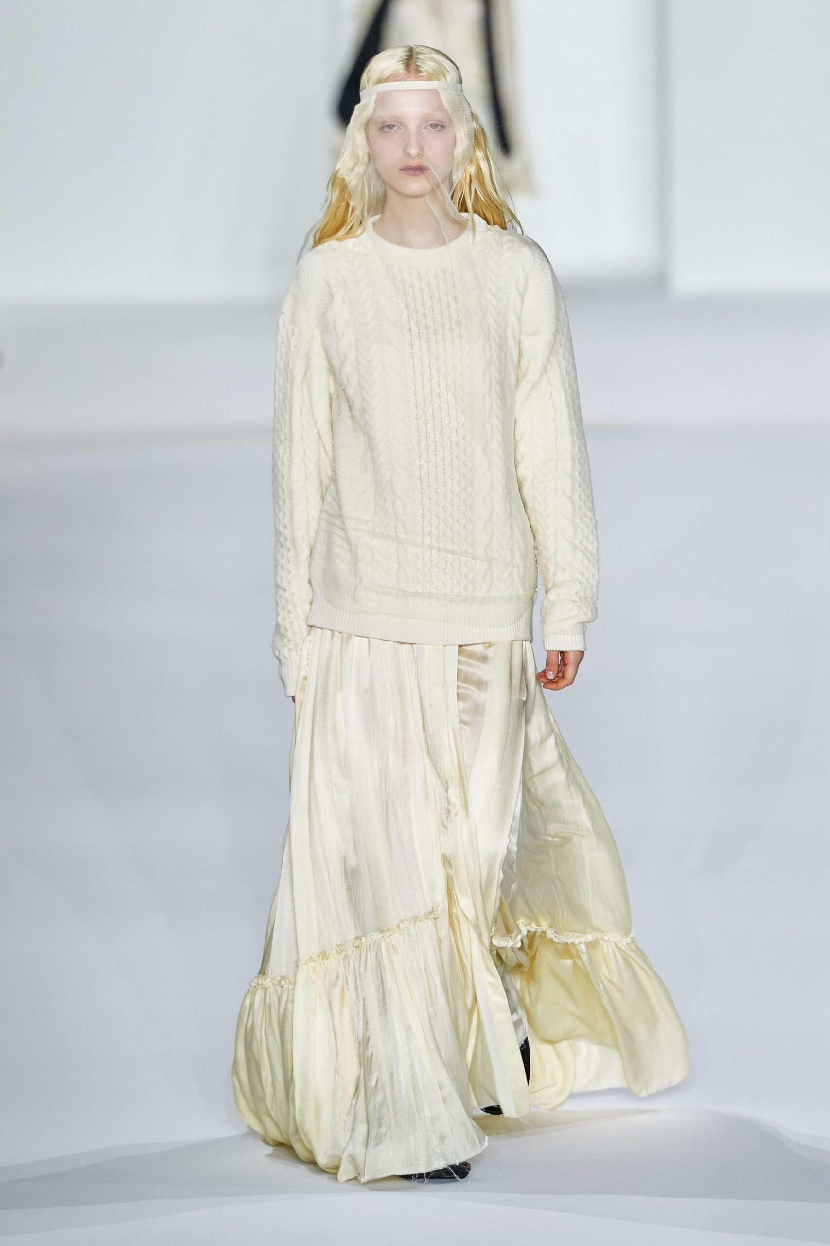white wool sweater and ivory tiered skirt