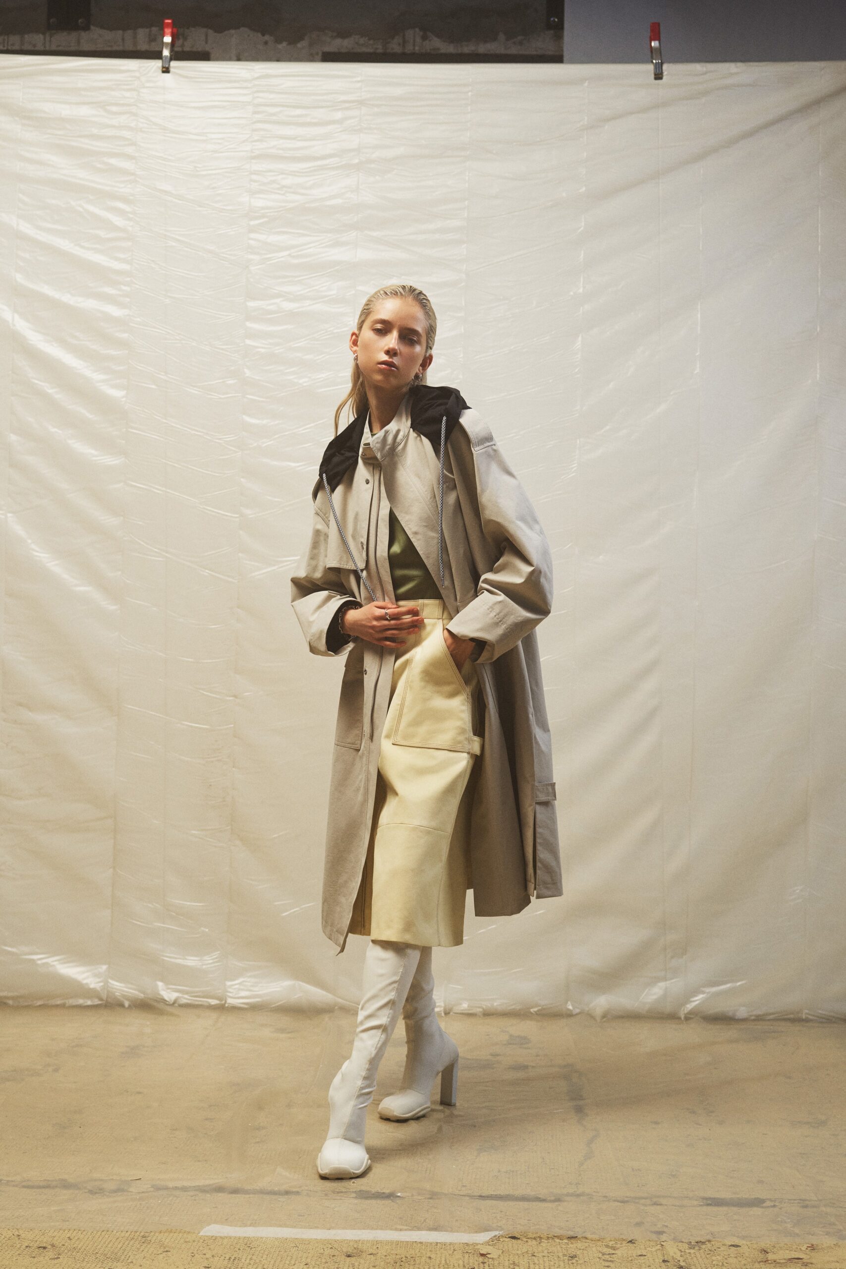 beige coat with yellow skirt