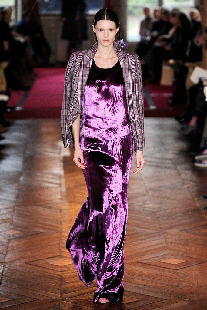 purple velvet maxi dress with gray blazer