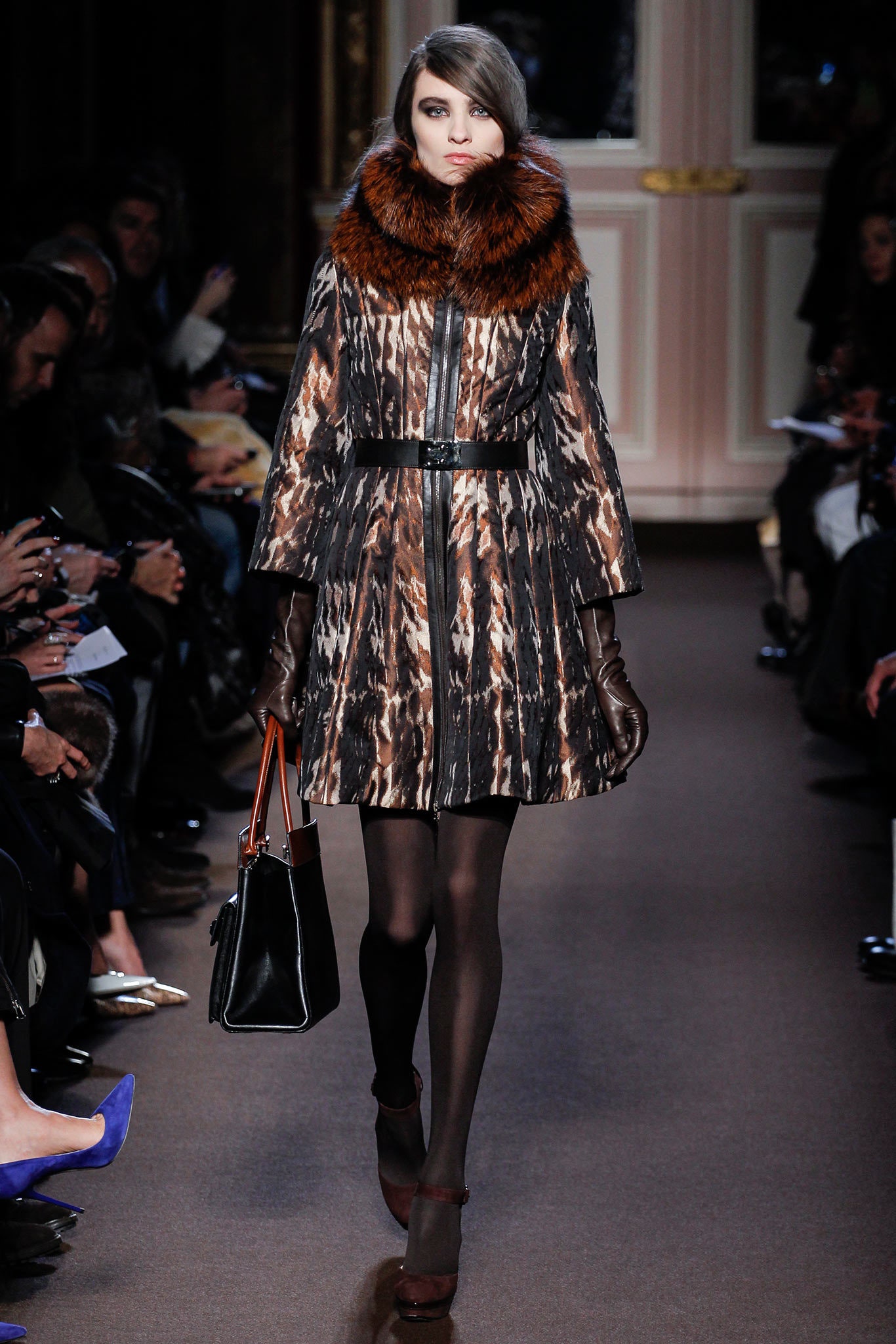brown fur long-sleeve collared fitted belted layered coat