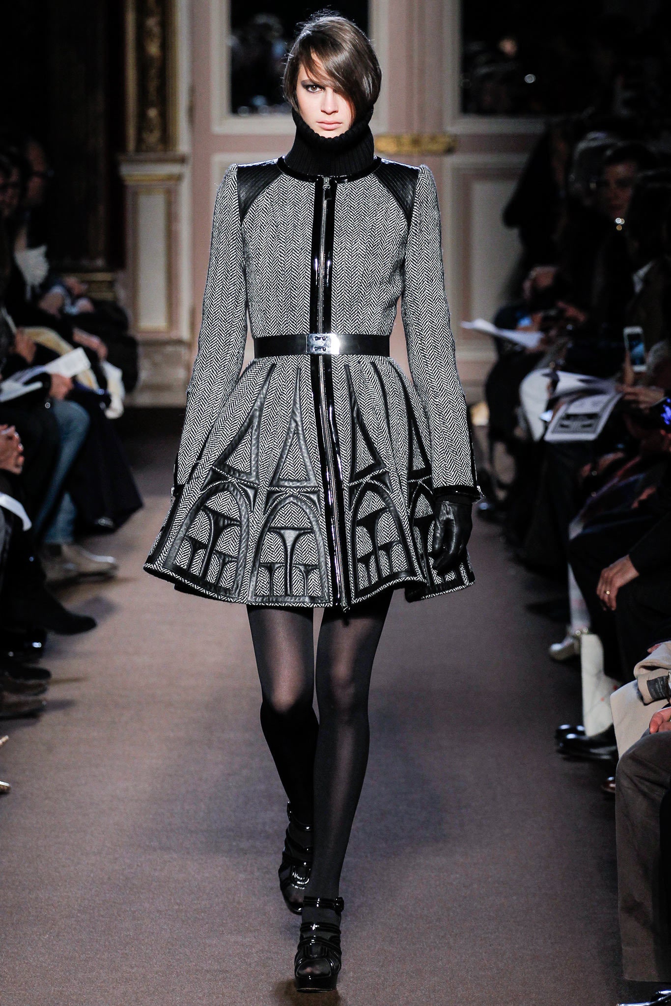 black wool long-sleeve high-neck fitted pleated zippered dress