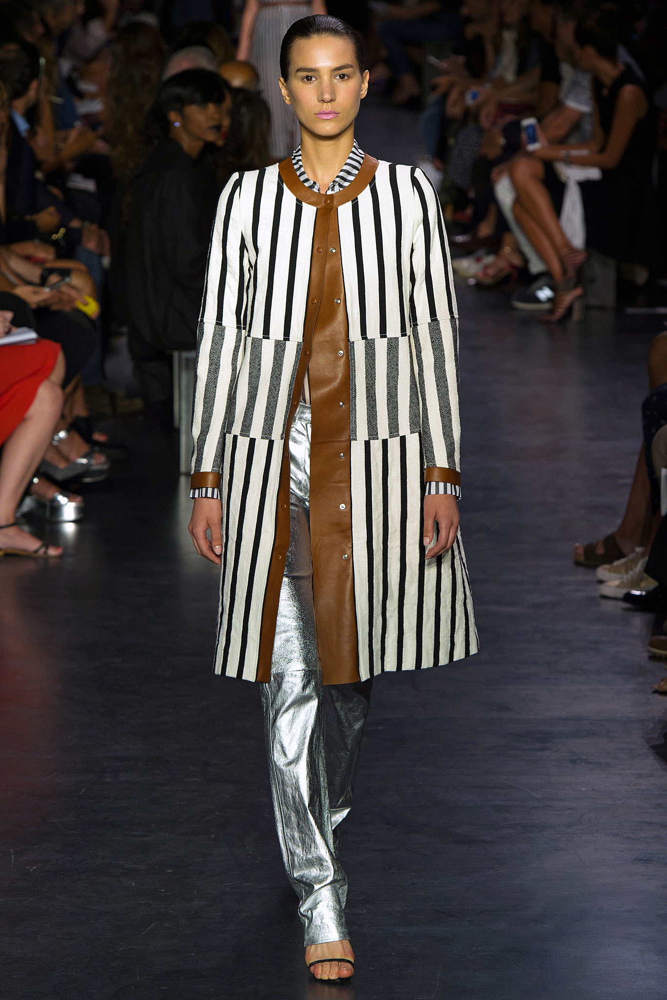 gray metallic slim straight-leg shiny pants