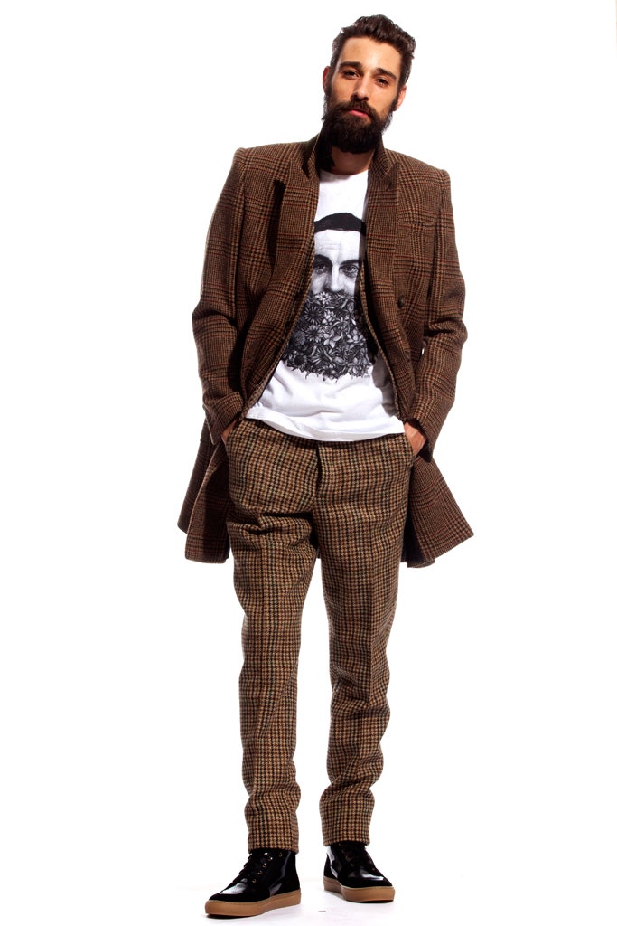 brown checked coat and pants
