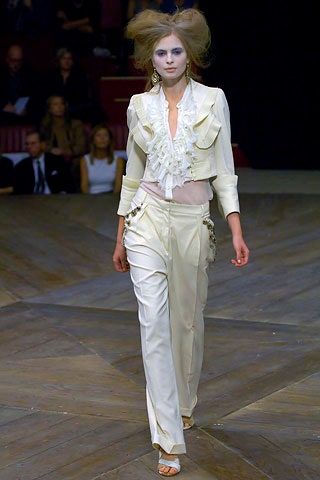 white silk blouse and tailored pants