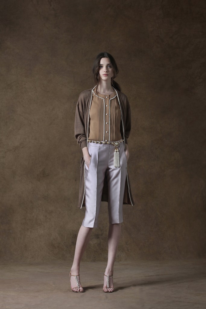 brown cardigan beige blouse tailored pants