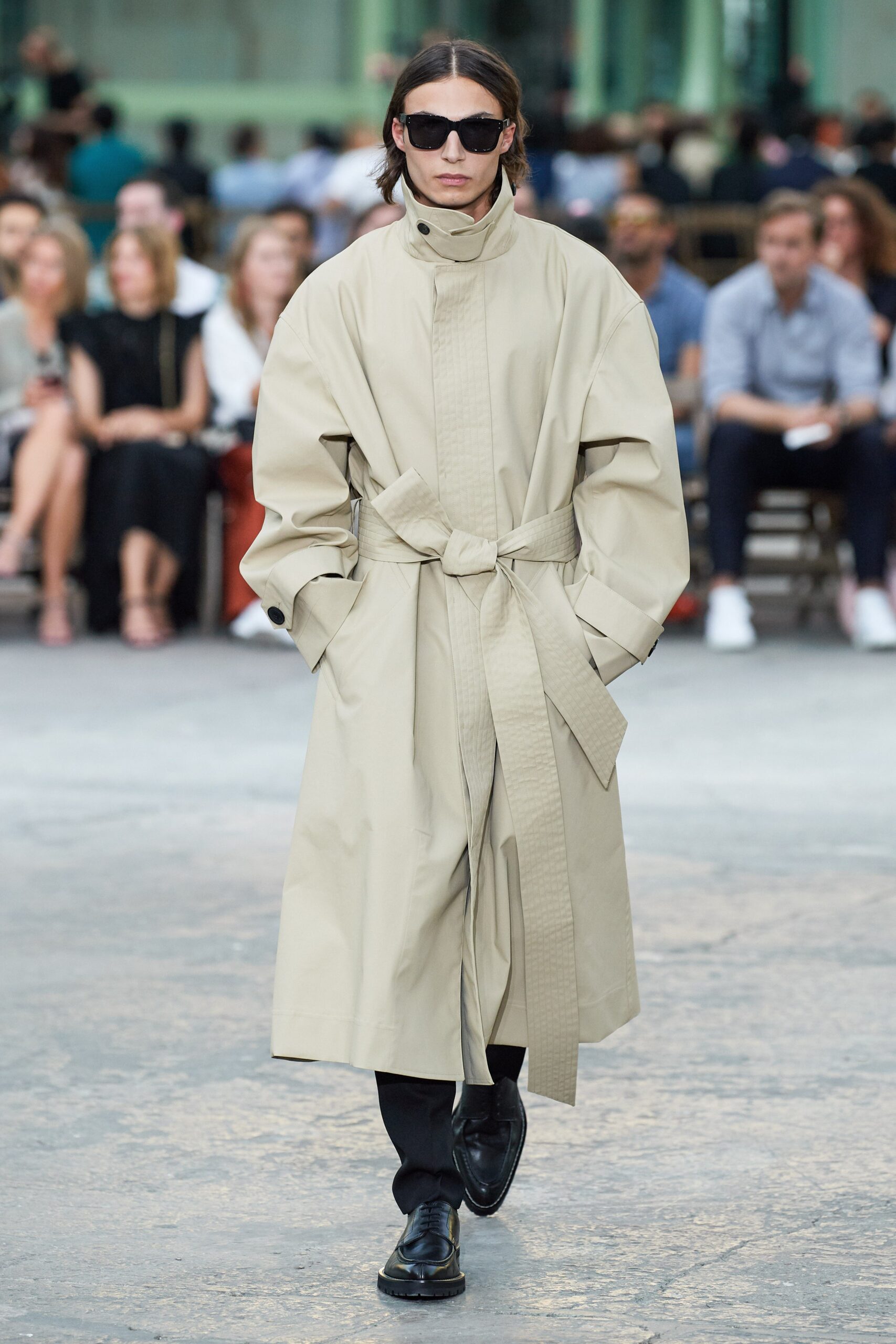 beige cotton long-sleeve collared oversized belted buttoned trench