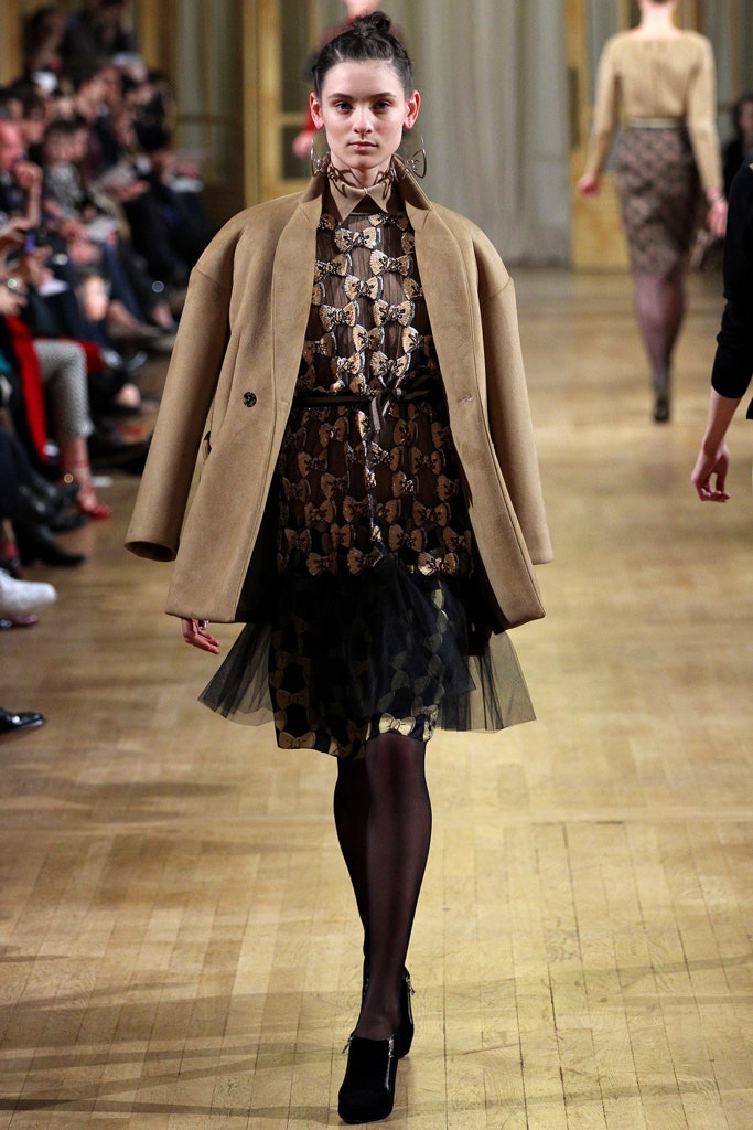 beige wool coat with brown dress