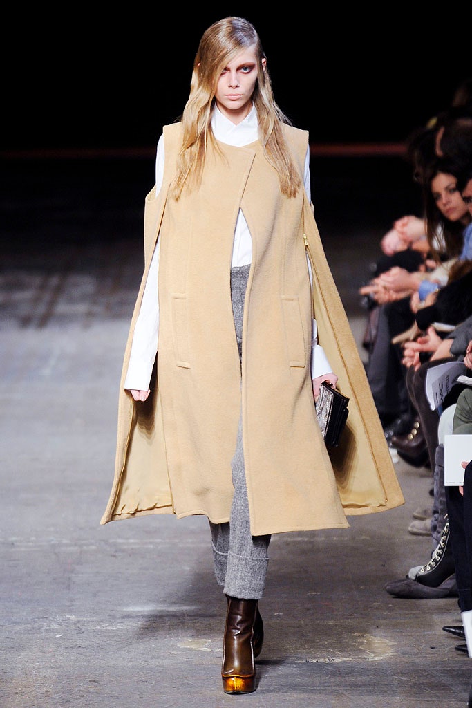beige wool cape with tailored pants