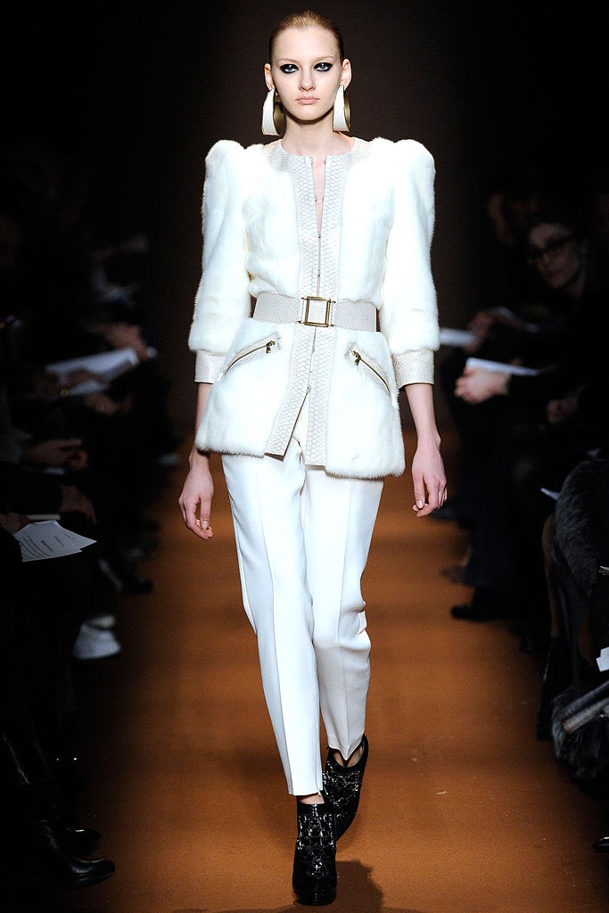white fur coat with slim pants