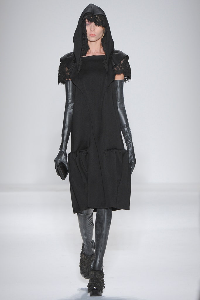 black hooded midi dress with gloves