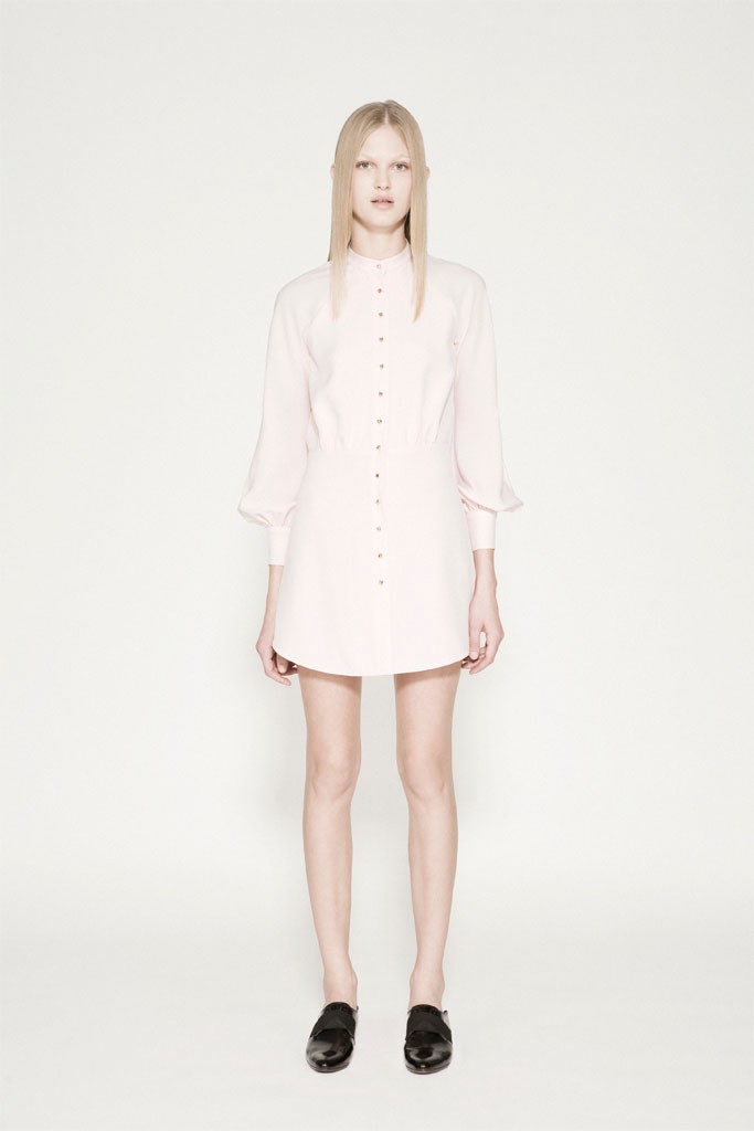pink cotton long-sleeve collared fitted buttoned straight-leg shirt-dress