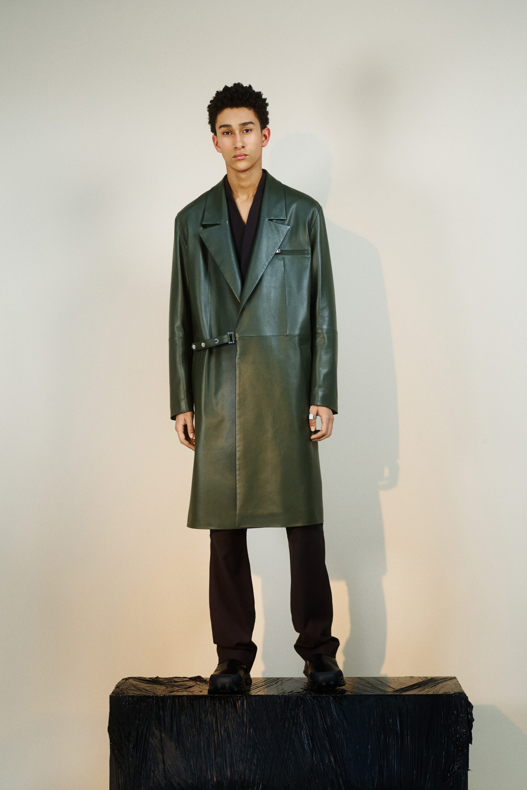 green leather fitted coat