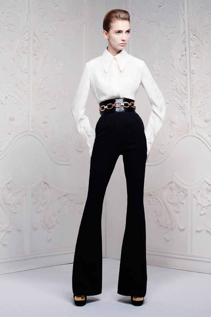 white silk blouse with black pants