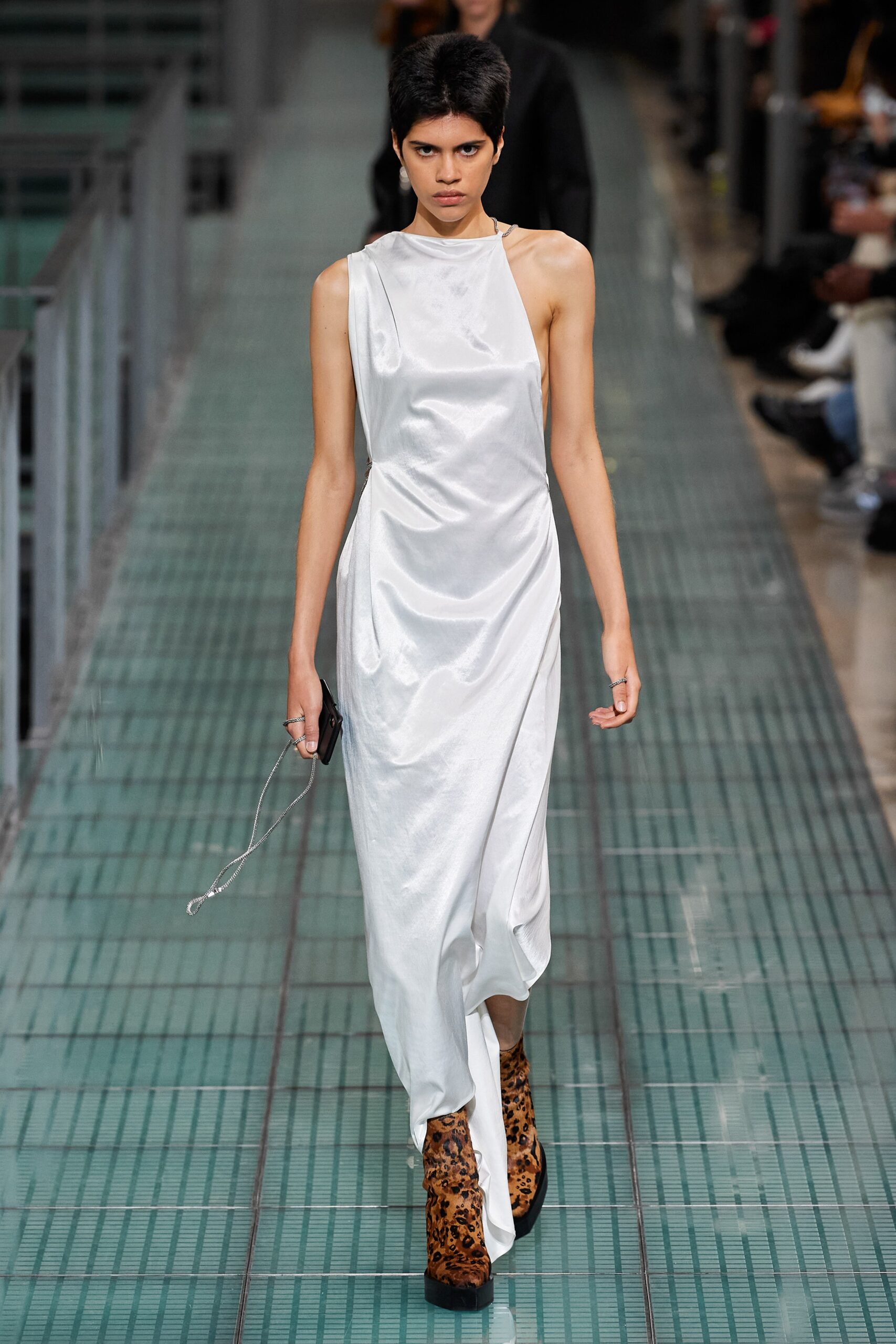 white draped midi dress with animal-print shoes