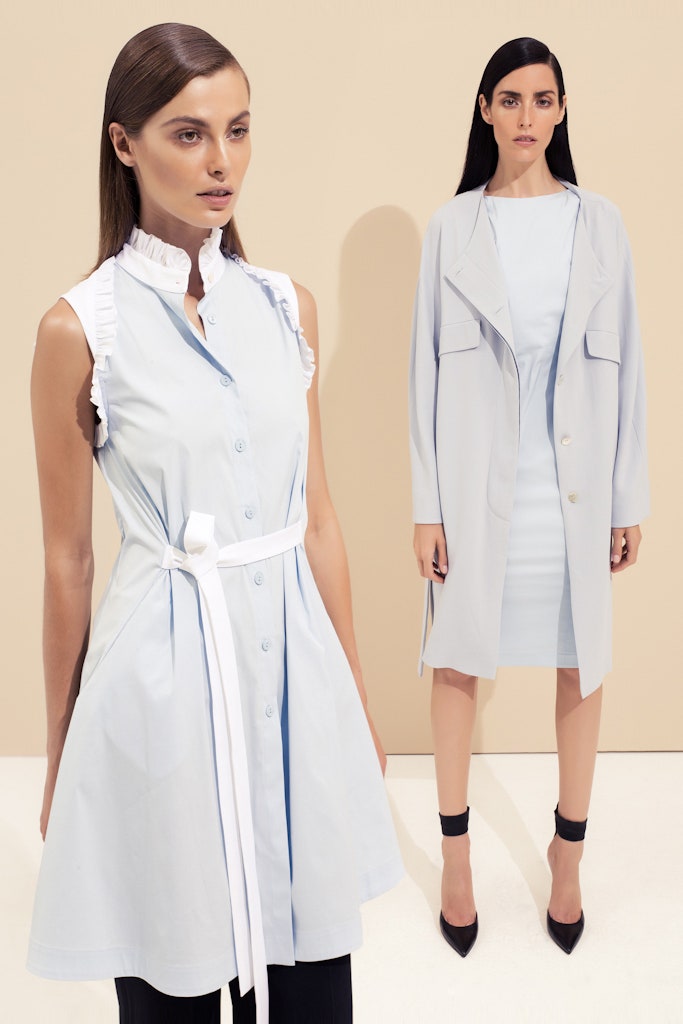 light blue fitted dress and coat