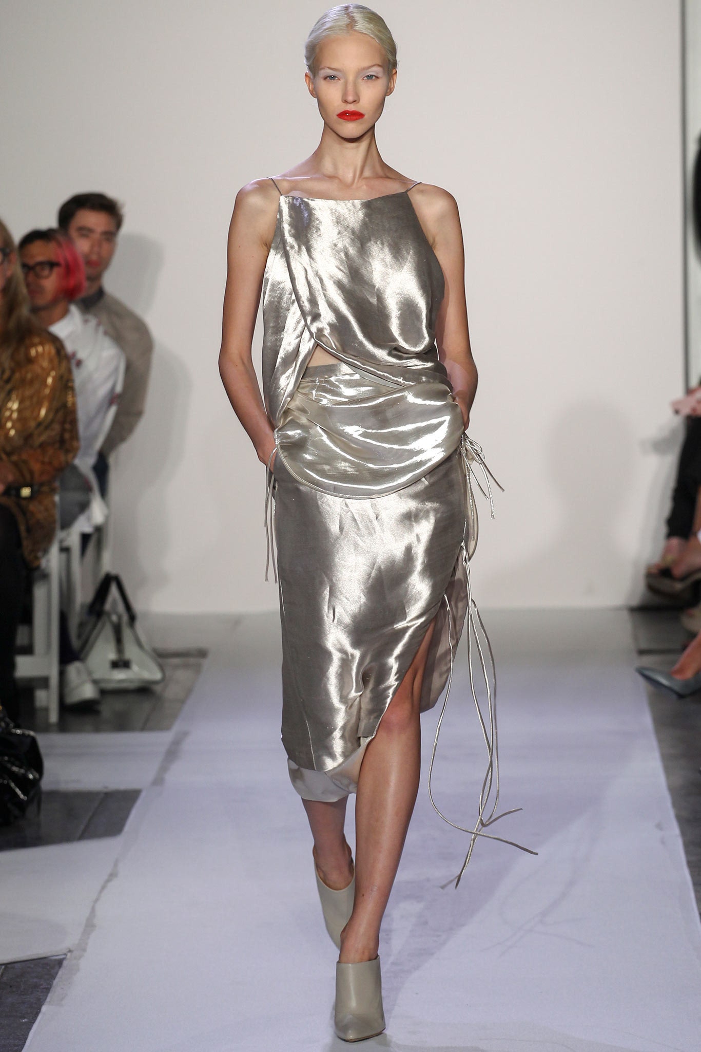 fitted silver silk dress