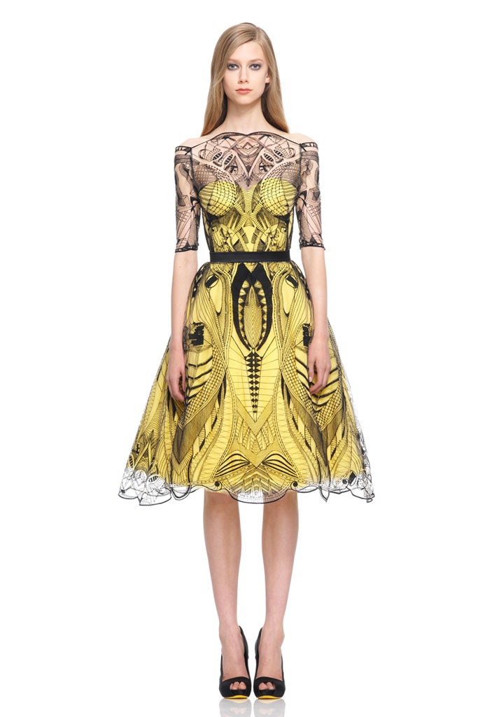 yellow black lace midi dress