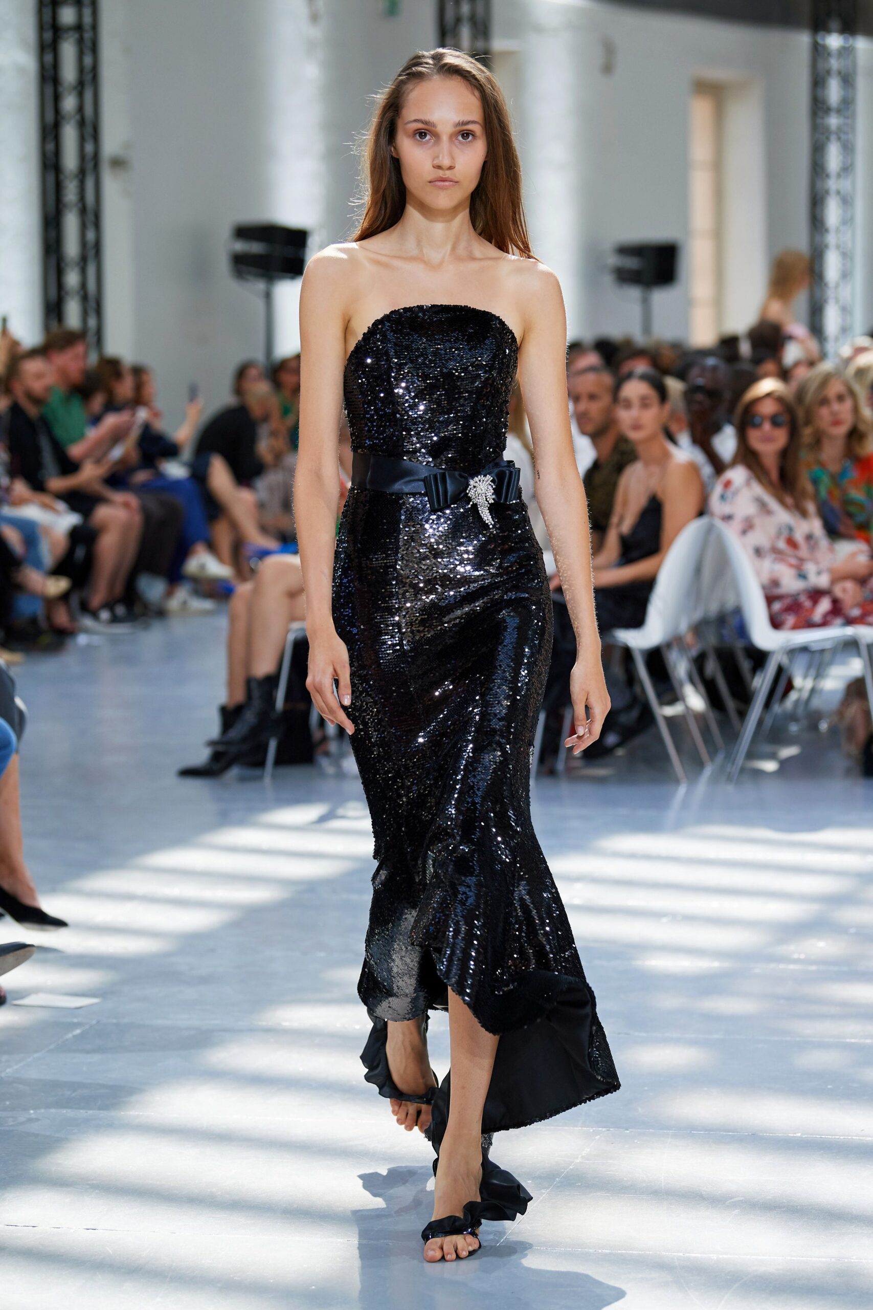black sequin strapless midi dress