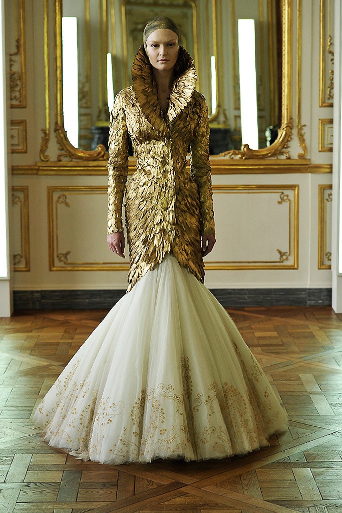 gold and white embellished gown