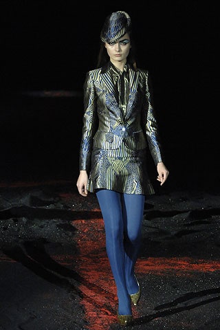 blue and gold printed blazer and skirt