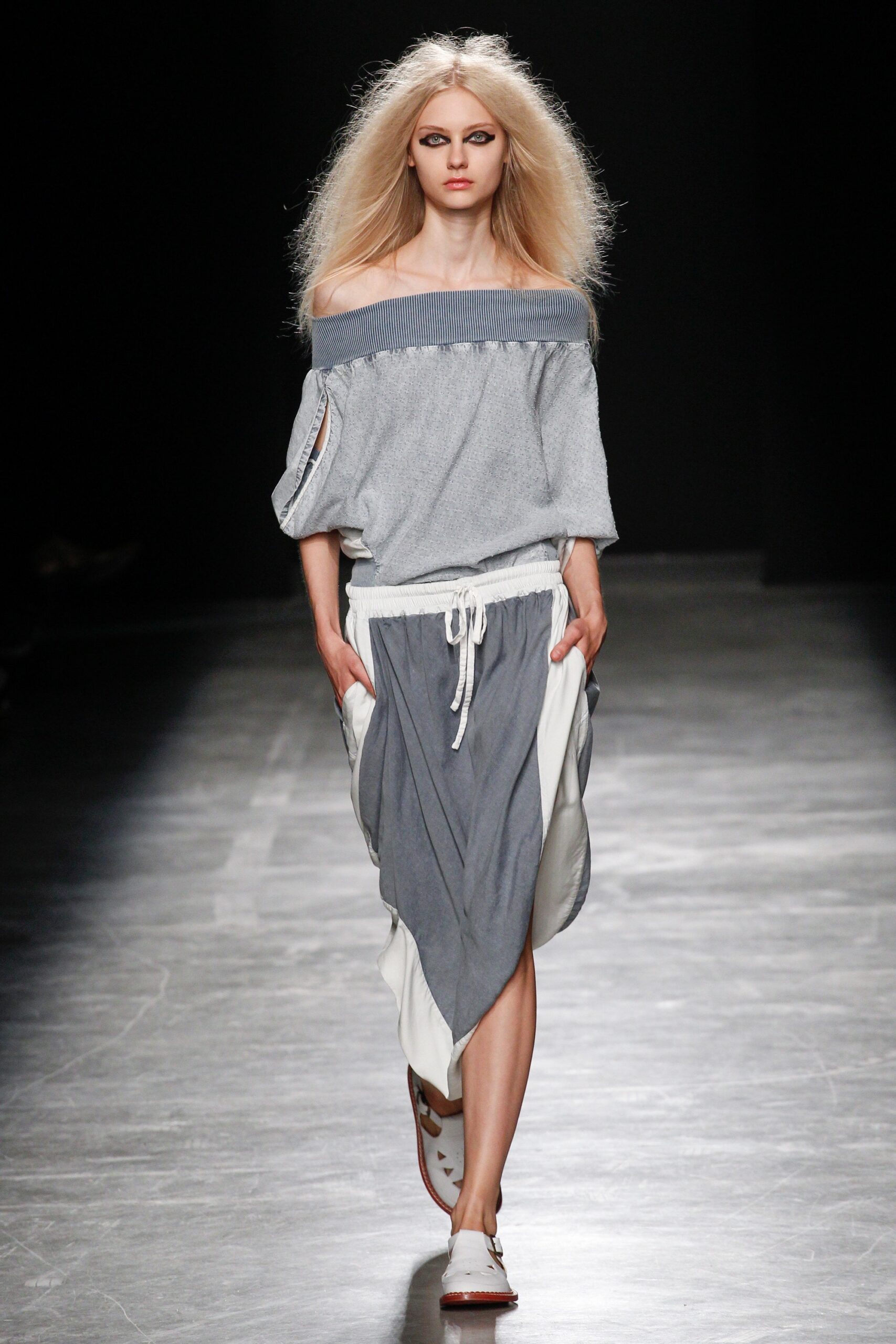 gray off-shoulder top with tiered skirt