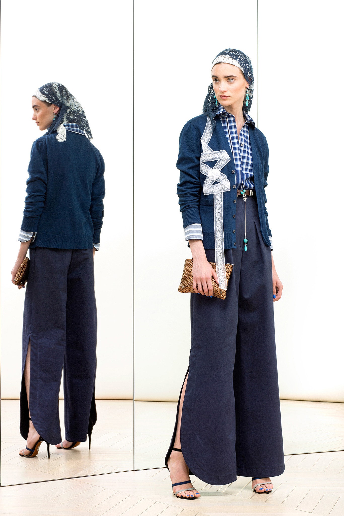 blue slit relaxed high-waisted wide-leg pants
