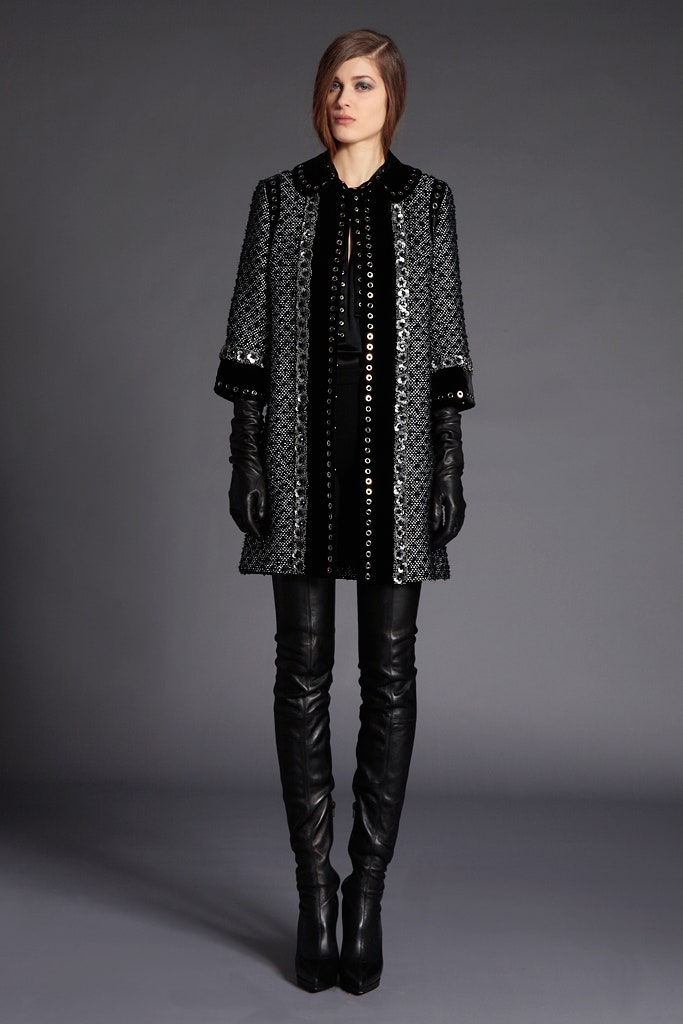 black silk long-sleeve collared fitted embroidered buttoned coat