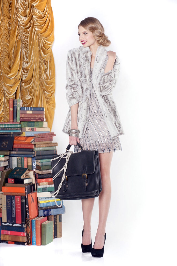 silver pleated mini dress with gray faux-fur coat