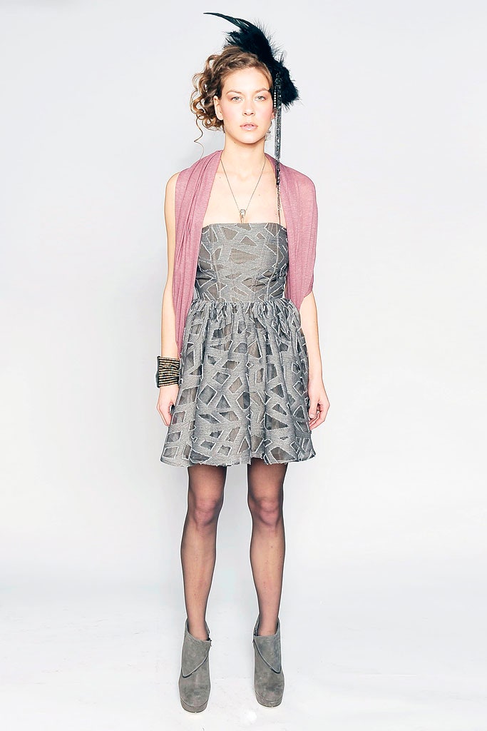 gray pleated mini dress with pink shawl