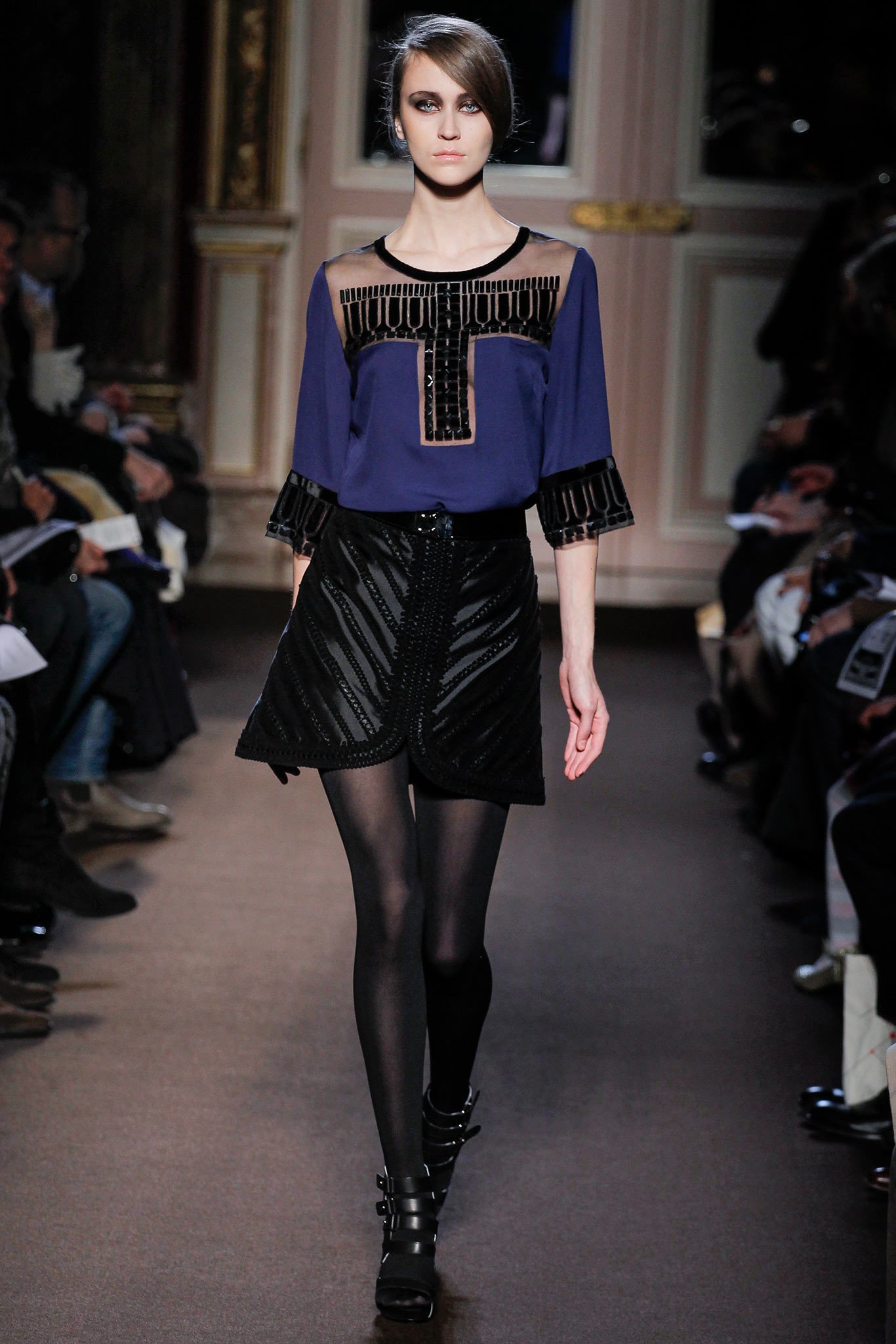 blue silk long-sleeve collared fitted embroidered blouse