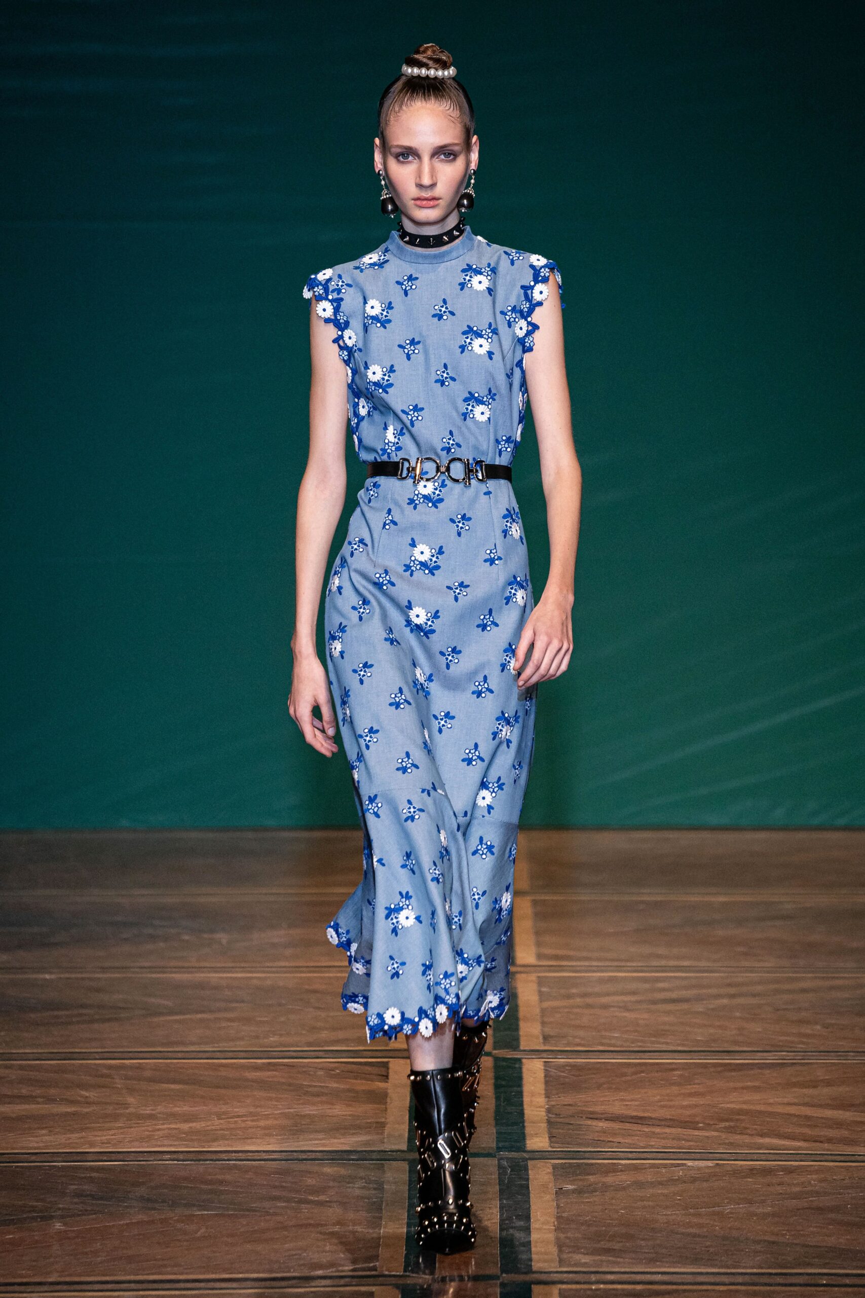 blue fitted midi dress
