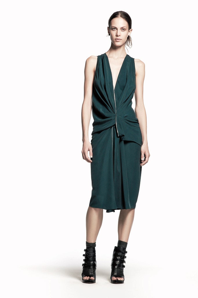 green silk sleeveless v-neck fitted draped midi dress
