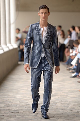 blue cotton long-sleeve collared tailored buttoned printed suit