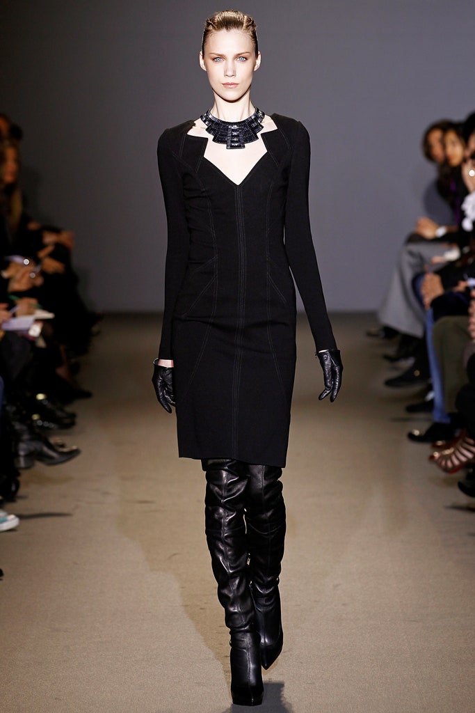 fitted black midi dress with gloves