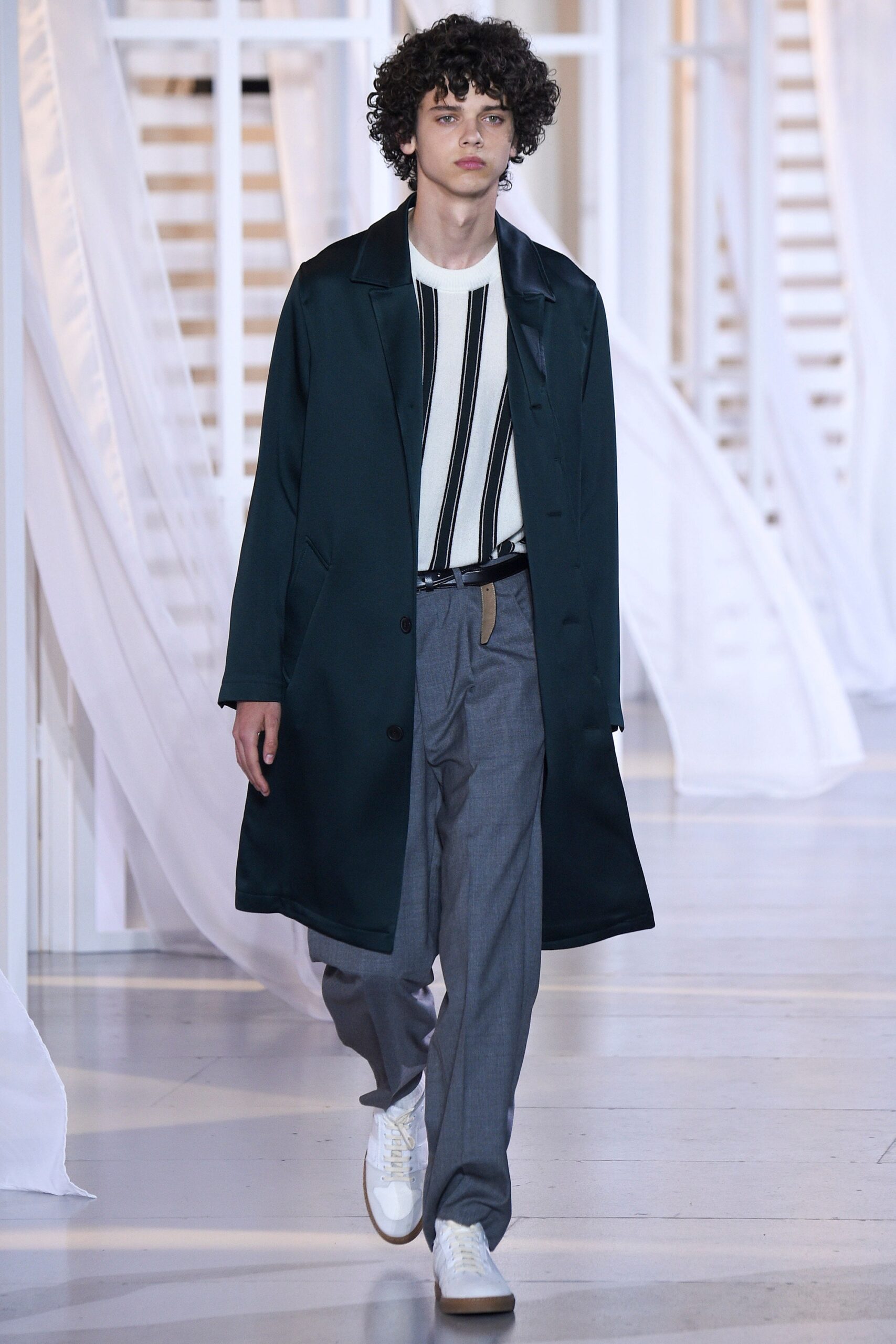 relaxed green coat with striped shirt
