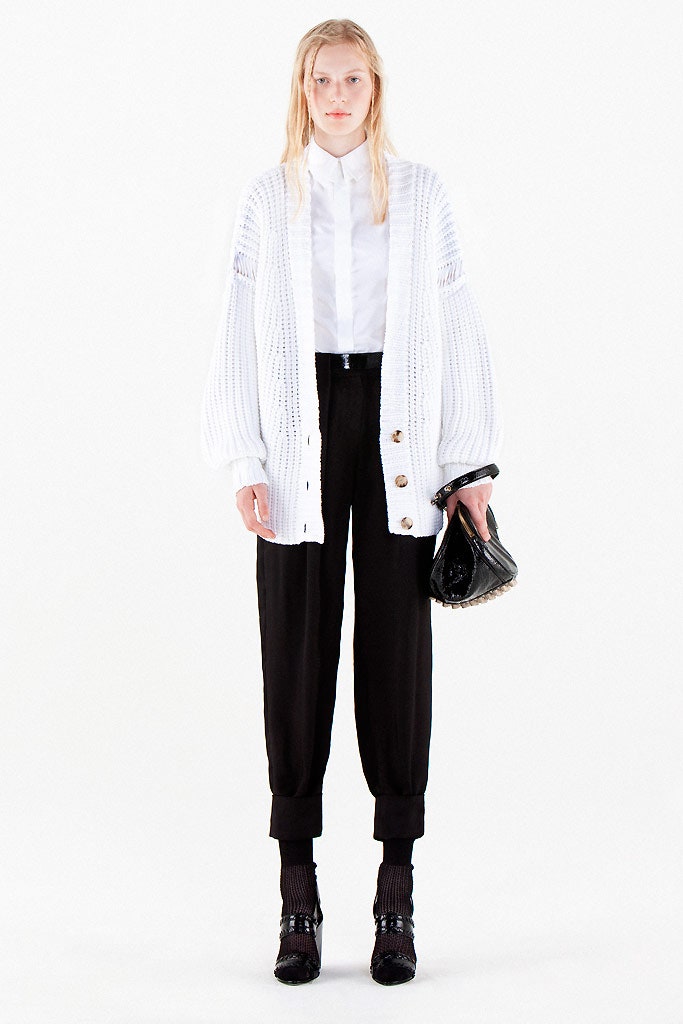 white cardigan black pants outfit