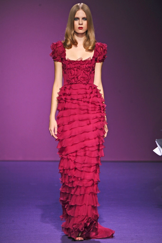 red silk ruffled gown