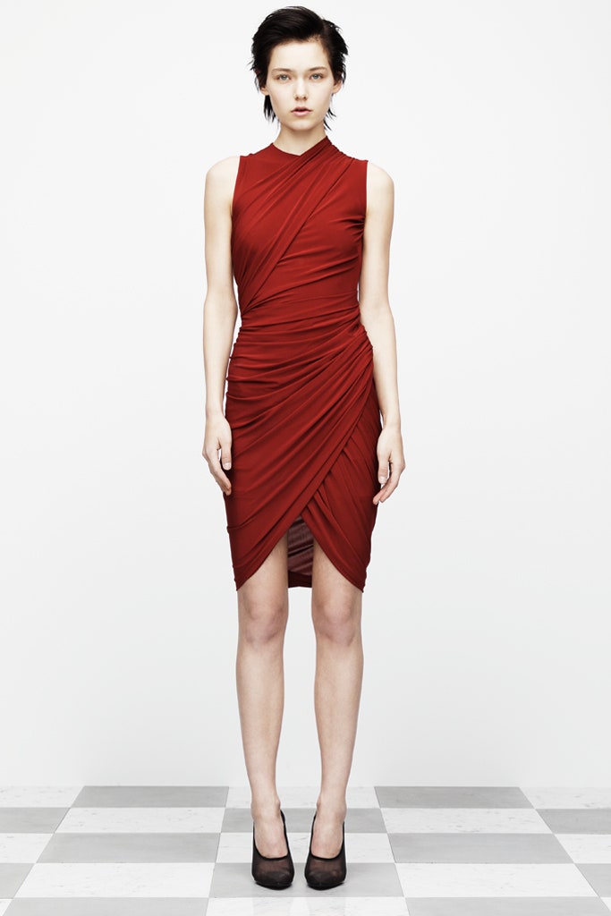 fitted red silk midi dress