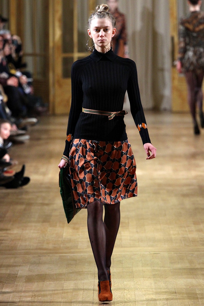 orange silk fitted flared printed mini skirt