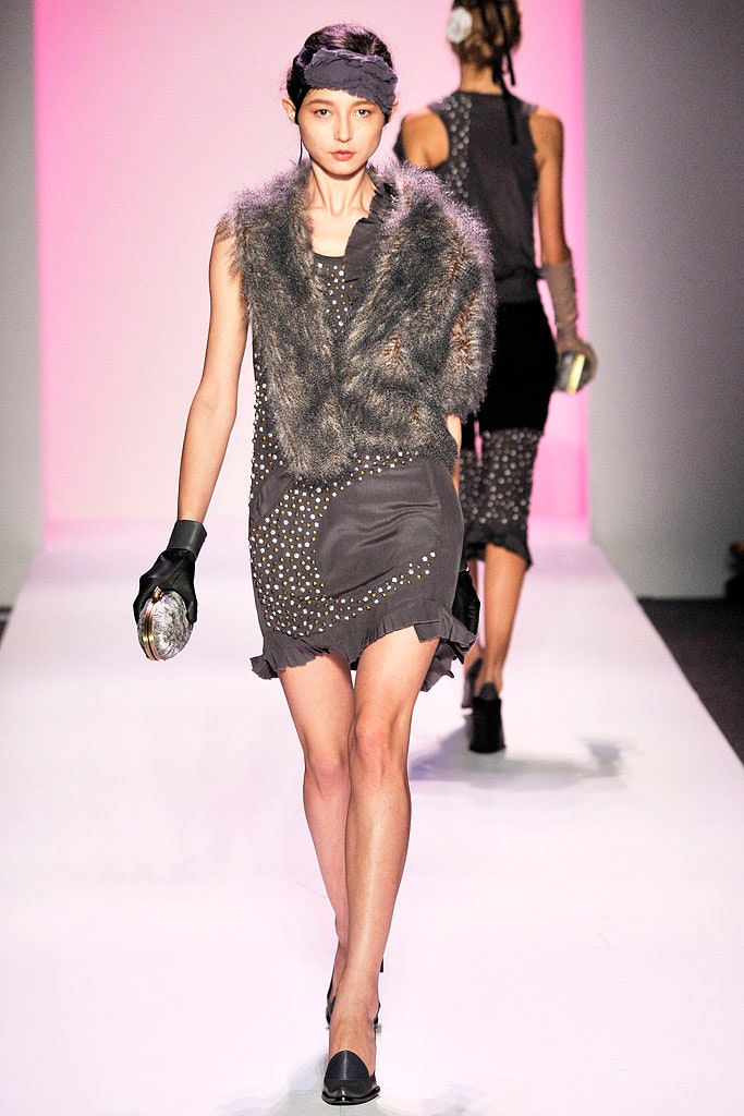gray faux-fur sleeveless v-neck fitted beaded ruffled dress