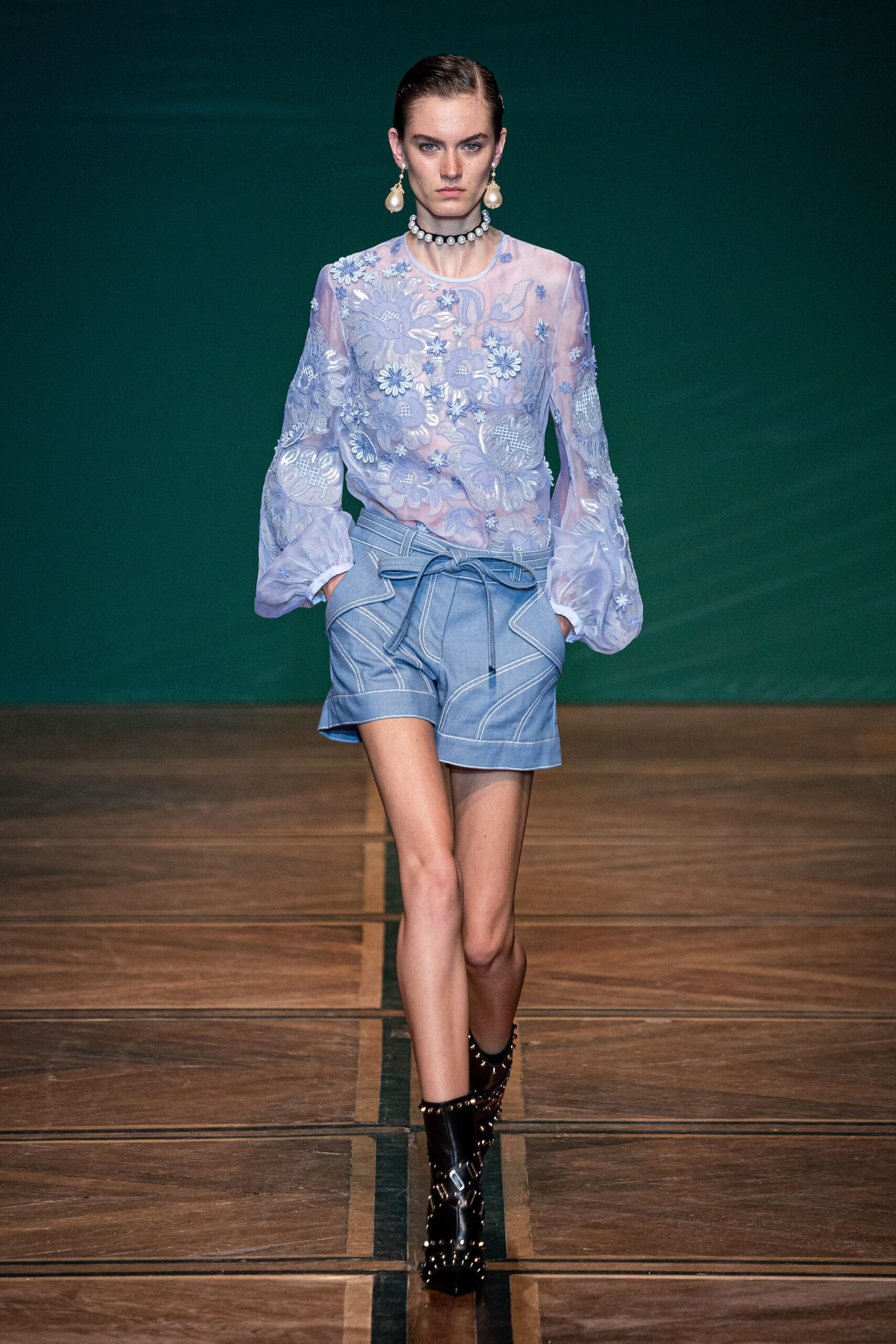 blue silk long-sleeve collared fitted embroidered sheer blouse