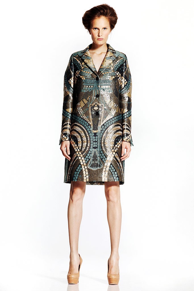 blue and gold printed coat