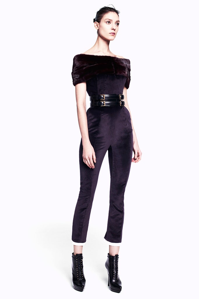 purple velvet sleeveless off-shoulder fitted zippered jumpsuit
