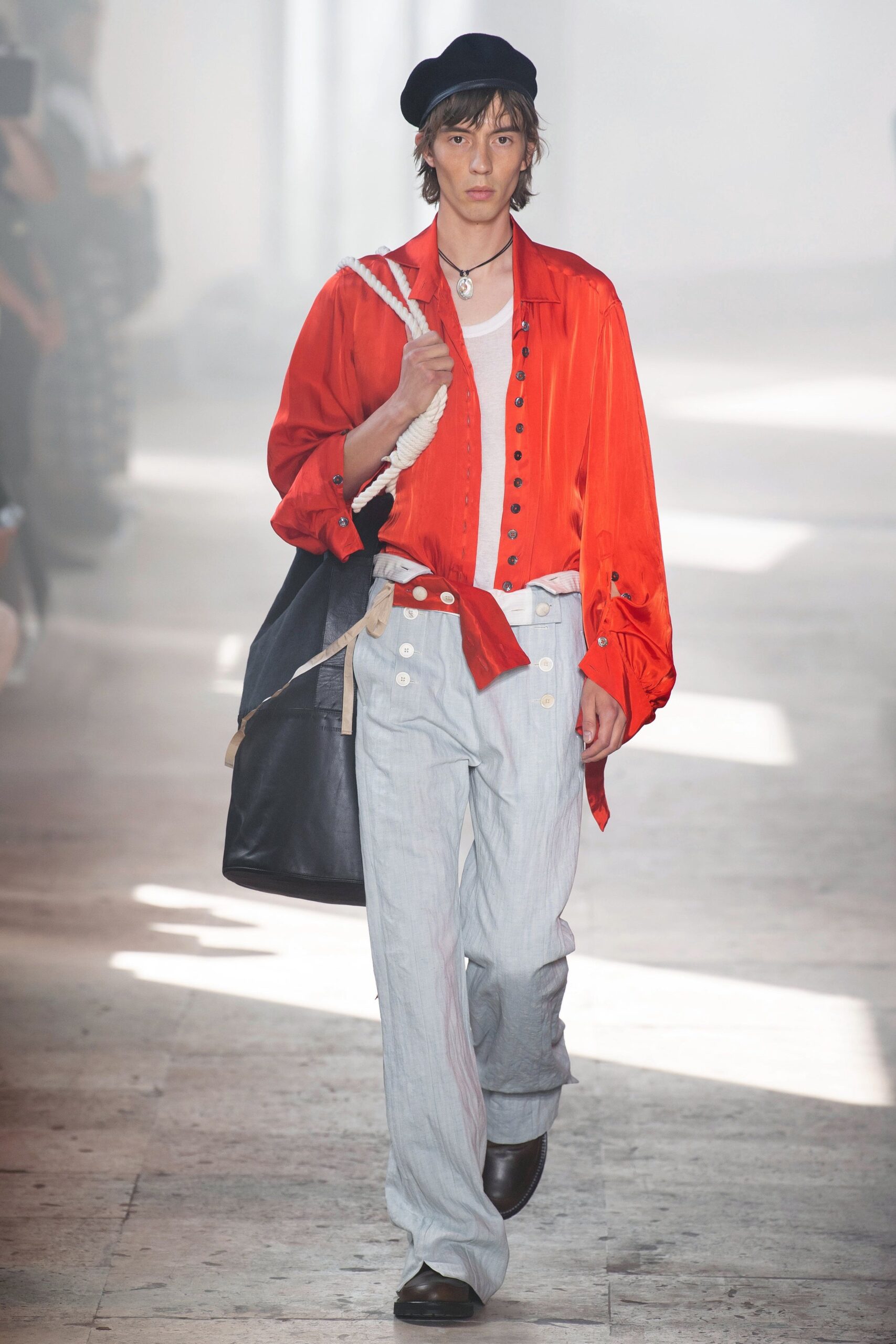red silk long-sleeve collared relaxed buttoned shirt