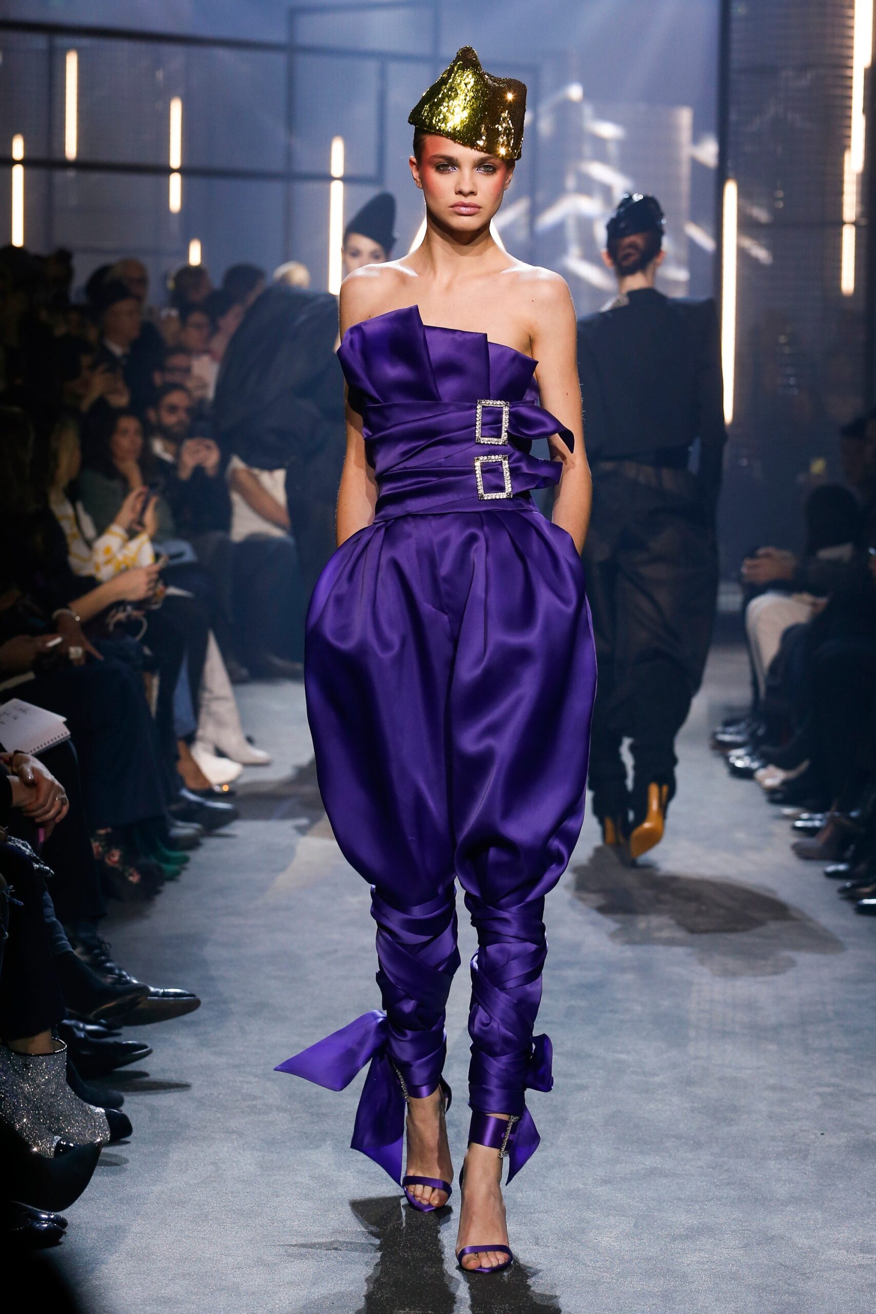 purple silk off-shoulder jumpsuit