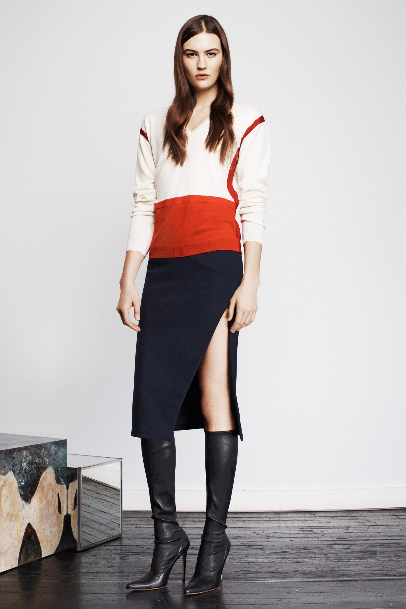 color-blocked fitted top and skirt